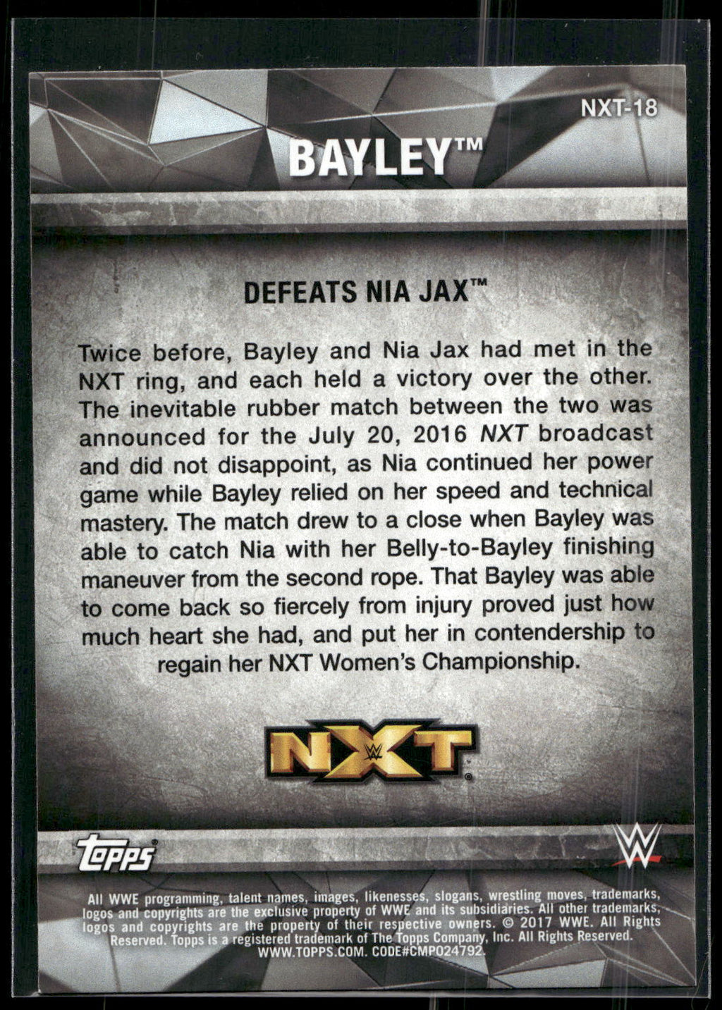 2017 Topps WWE Women's Division #NXT-18 Bayley NXT Matches and Moments