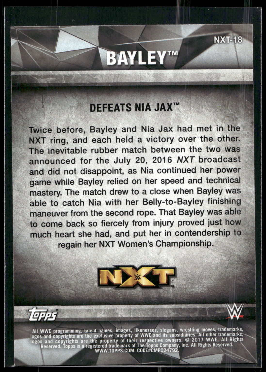 2017 Topps WWE Women's Division #NXT-18 Bayley NXT Matches and Moments