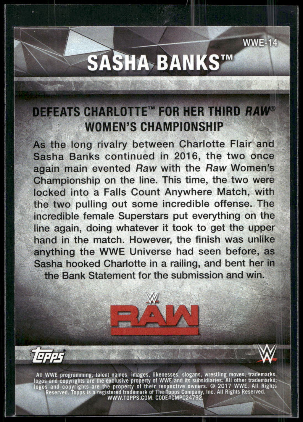 2017 Topps WWE Women's Division #WWE-14 Sasha Banks WWE Matches and Moments