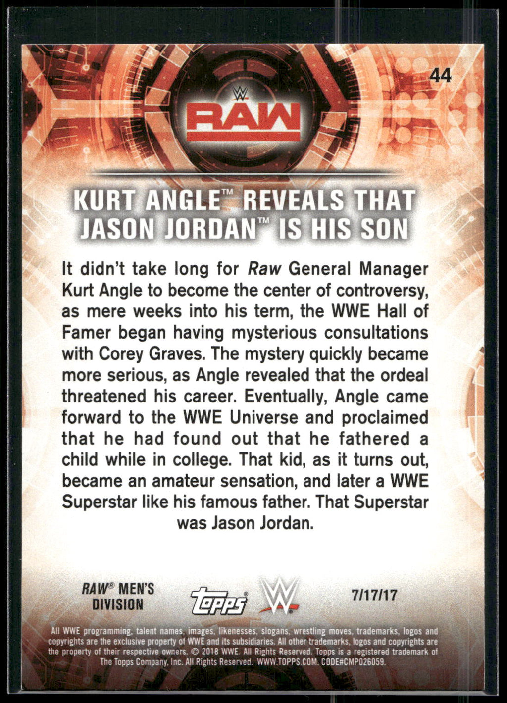 2018 Topps WWE Road To Wrestlemania #44 Kurt Angle Reveals that Jason Jordan