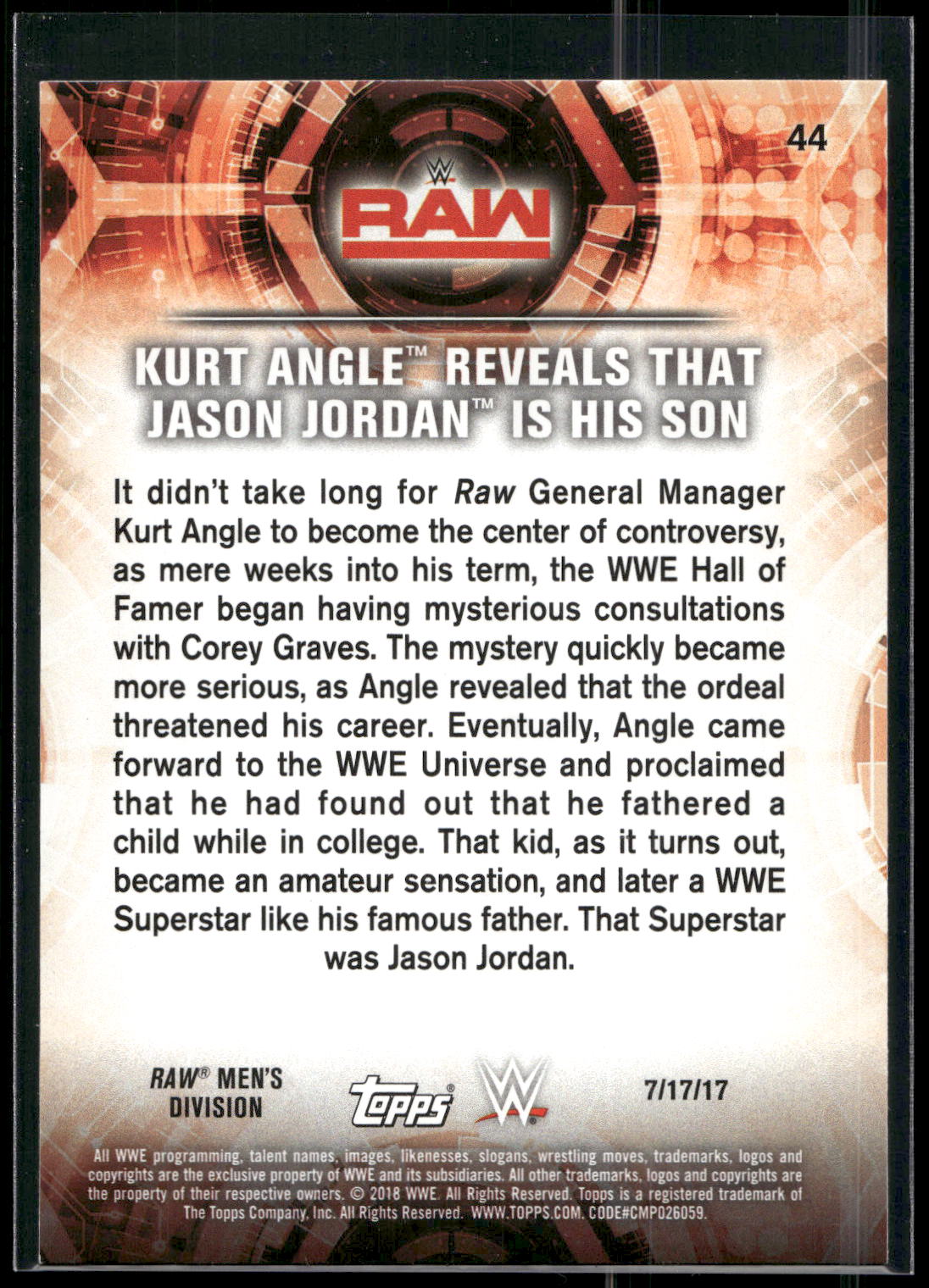 2018 Topps WWE Road To Wrestlemania #44 Kurt Angle Reveals that Jason Jordan