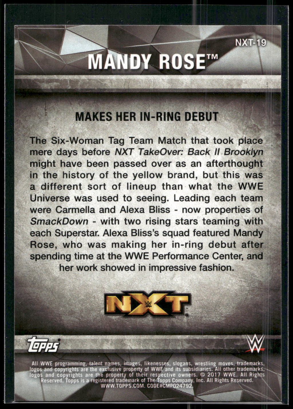 2017 Topps WWE Women's Division #NXT-19 Mandy Rose NXT Matches and Moments