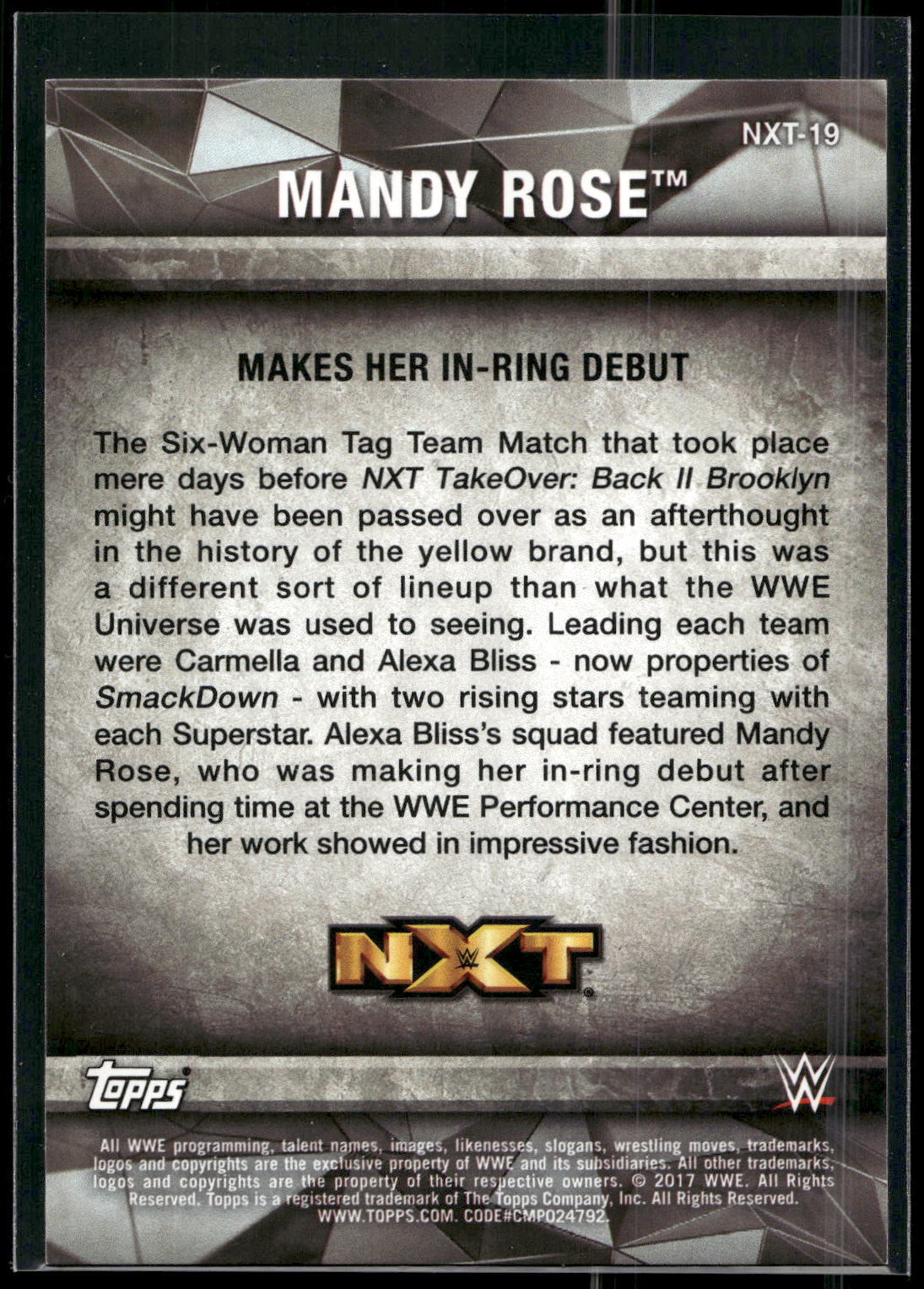 2017 Topps WWE Women's Division #NXT-19 Mandy Rose NXT Matches and Moments