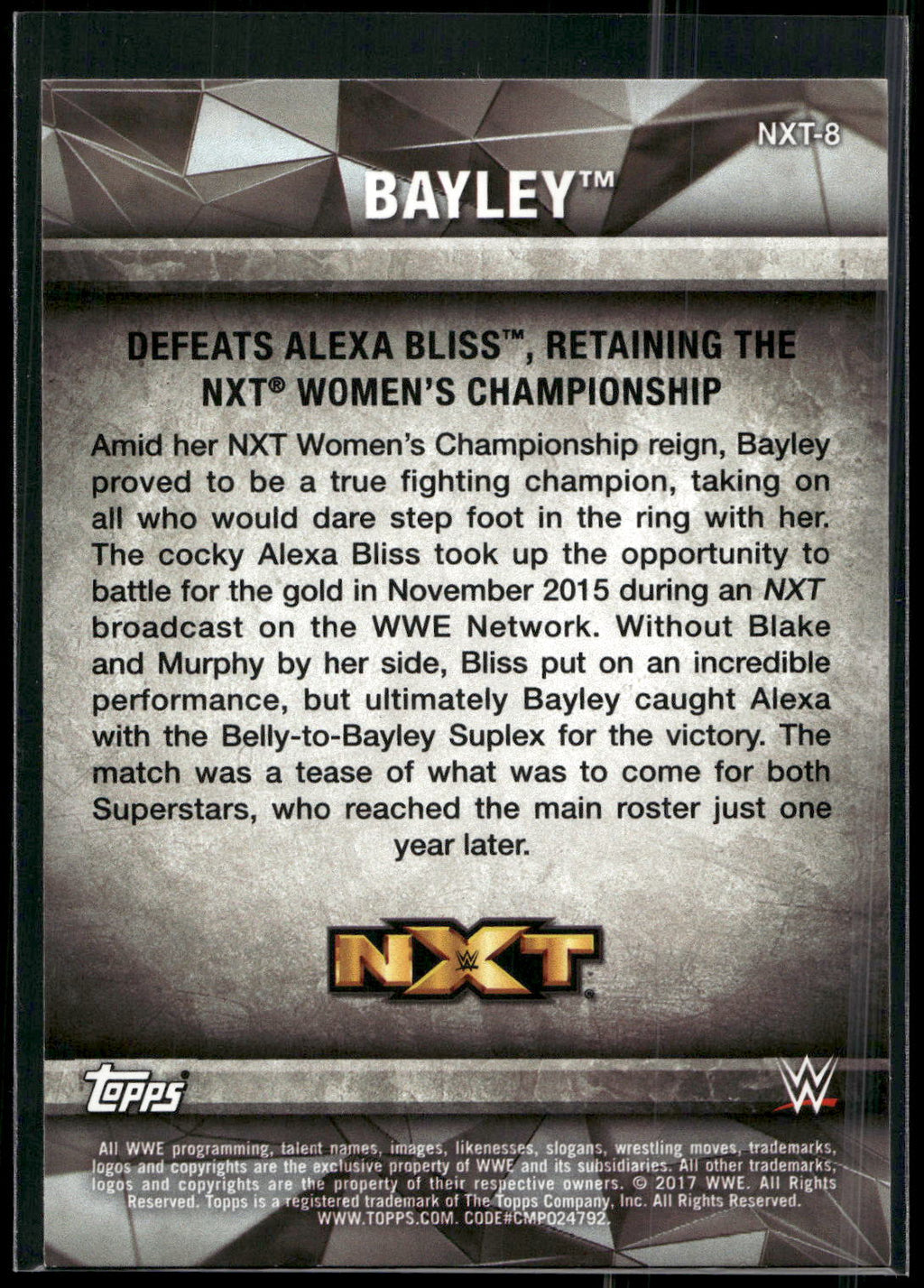 2017 Topps WWE Women's Division #NXT-8 Bayley NXT Matches and Moments