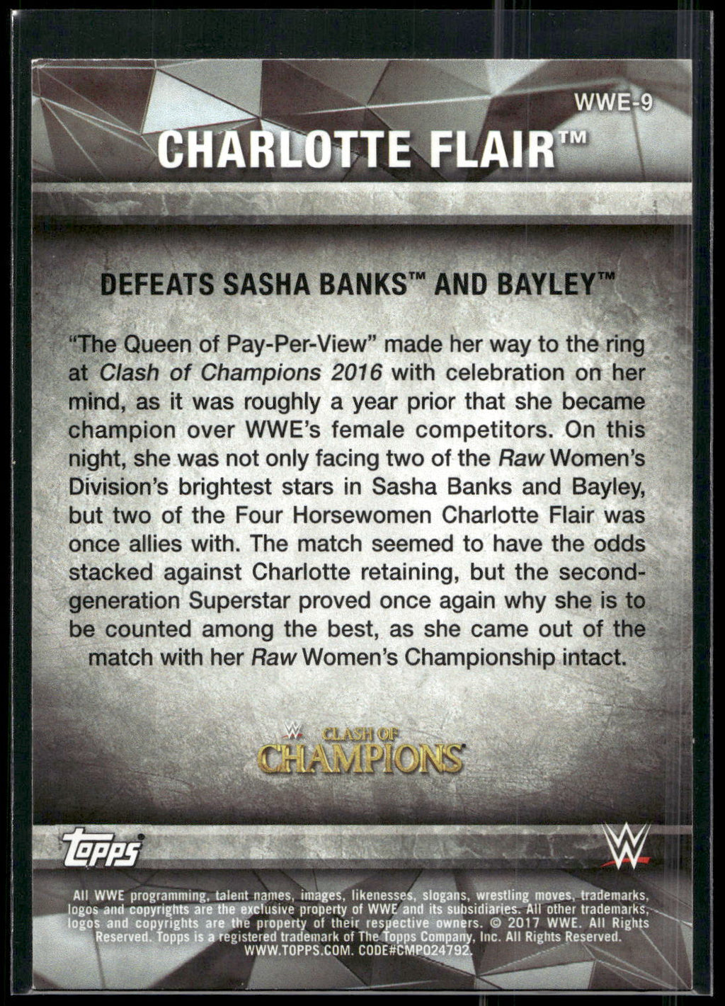 2017 Topps WWE Women's Division #WWE-9 Charlotte WWE Matches and Moments
