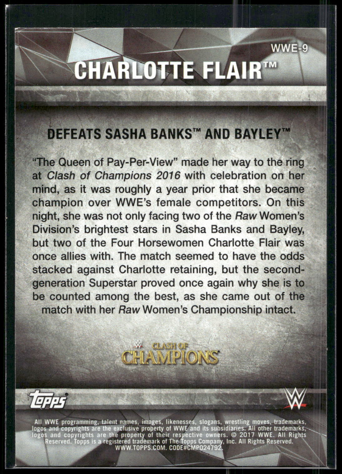 2017 Topps WWE Women's Division #WWE-9 Charlotte WWE Matches and Moments