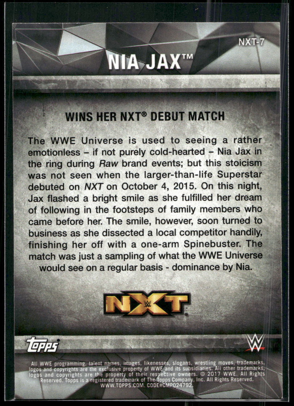 2017 Topps WWE Women's Division #NXT-7 Nia Jax NXT Matches and Moments
