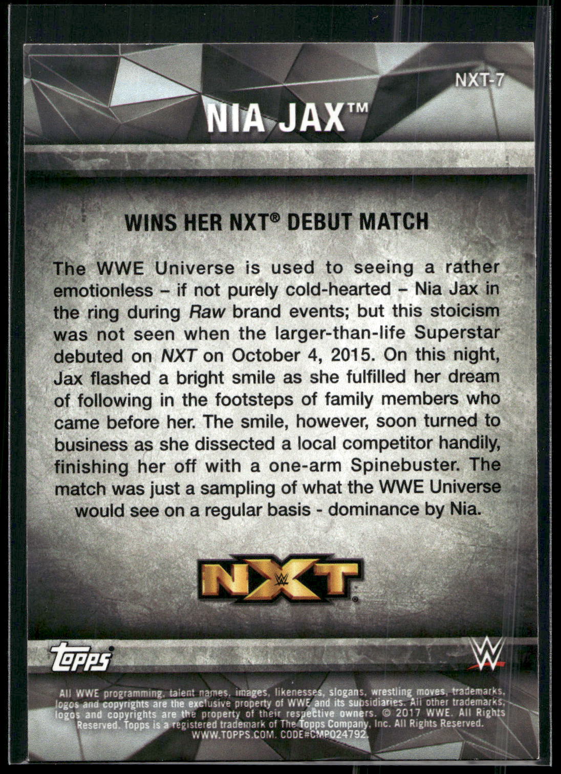 2017 Topps WWE Women's Division #NXT-7 Nia Jax NXT Matches and Moments