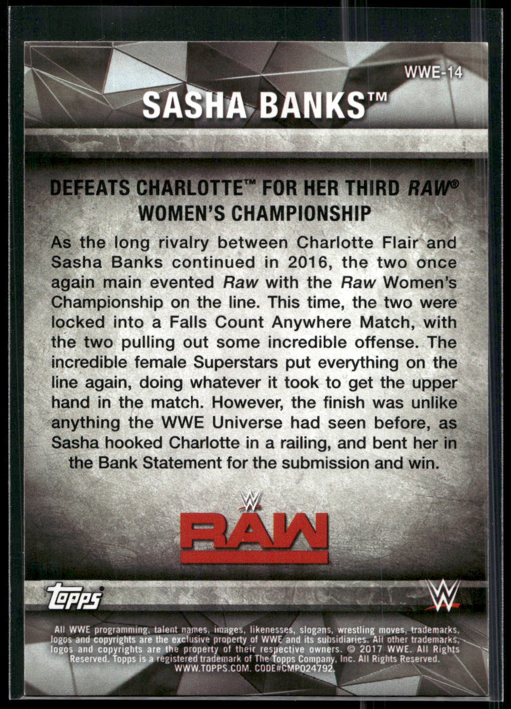 2017 Topps WWE Women's Division #WWE-14 Sasha Banks WWE Matches and Moments