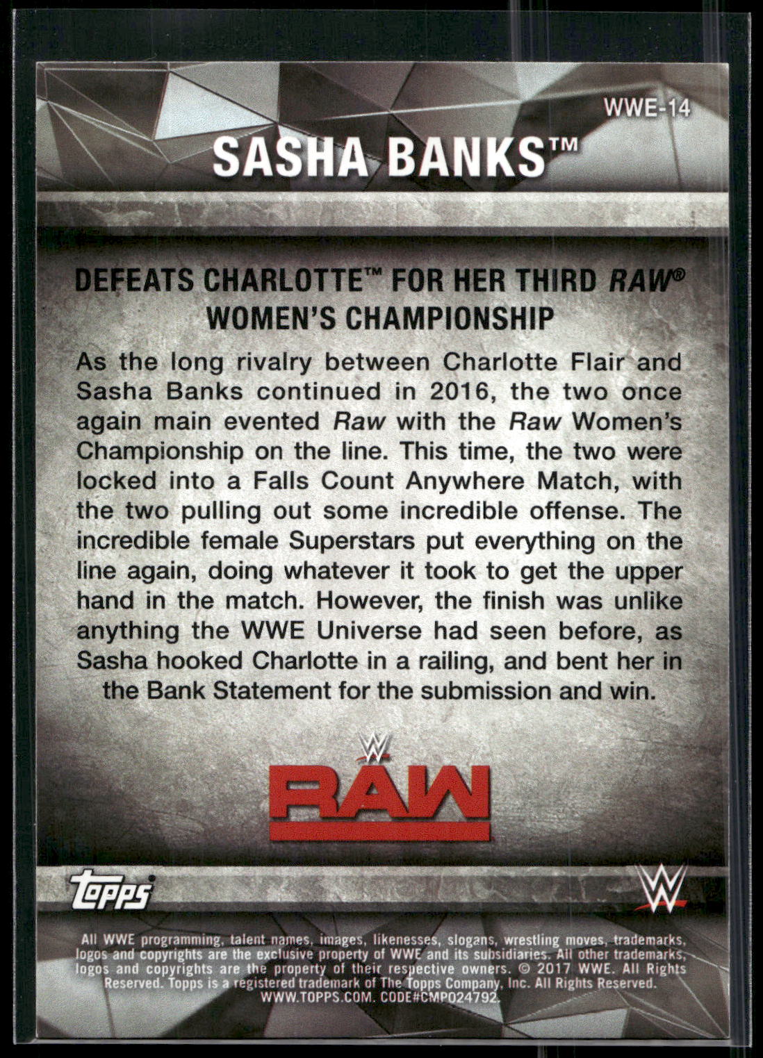 2017 Topps WWE Women's Division #WWE-14 Sasha Banks WWE Matches and Moments