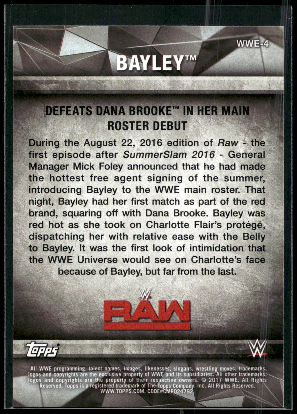 2017 Topps WWE Women's Division #WWE-4 Bayley WWE Matches and Moments