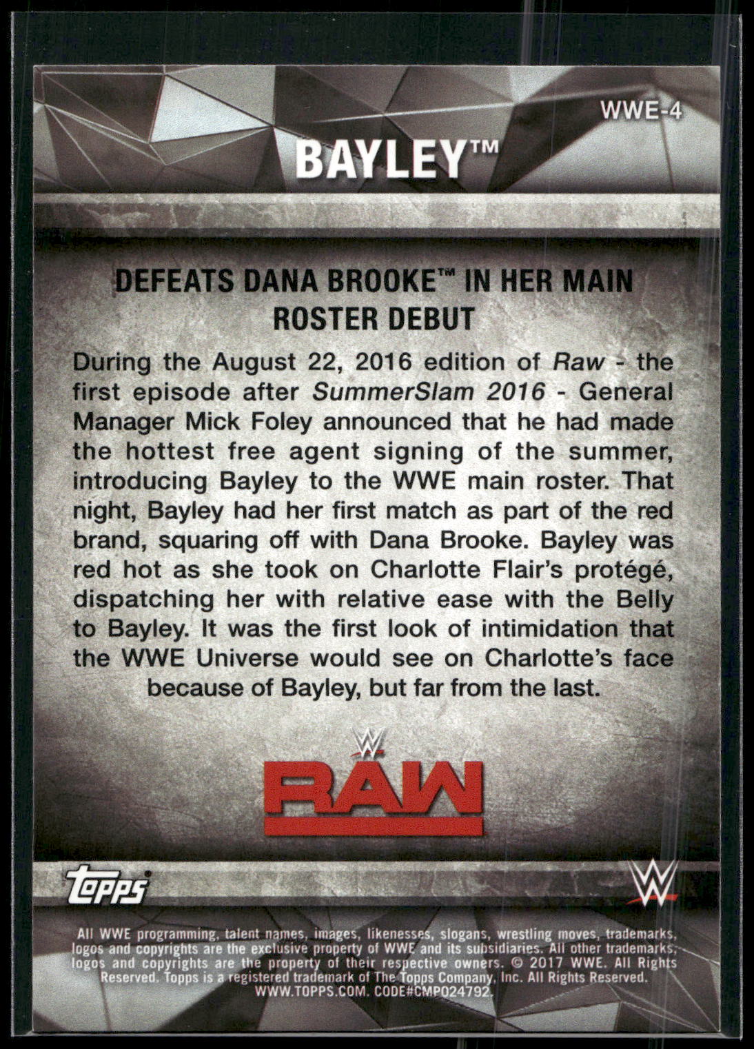2017 Topps WWE Women's Division #WWE-4 Bayley WWE Matches and Moments