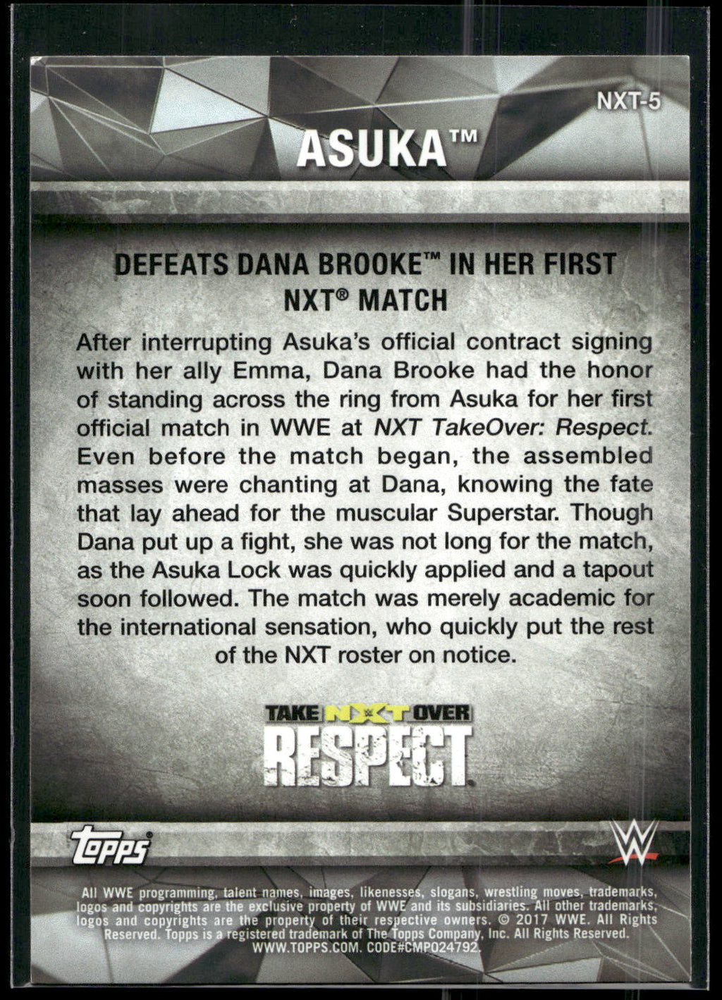 2017 Topps WWE Women's Division #NXT-5 Asuka NXT Matches and Moments