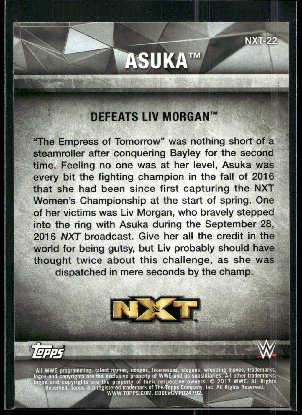 2017 Topps WWE Women's Division #NXT-22 Asuka NXT Matches and Moments