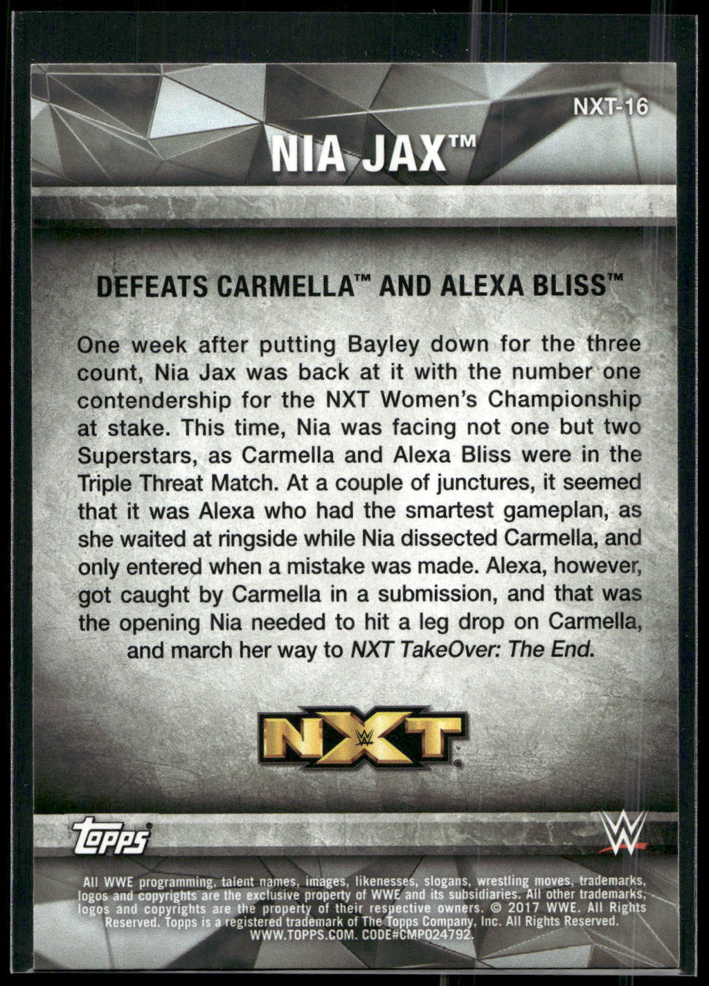 2017 Topps WWE Women's Division #NXT-16 Nia Jax NXT Matches and Moments