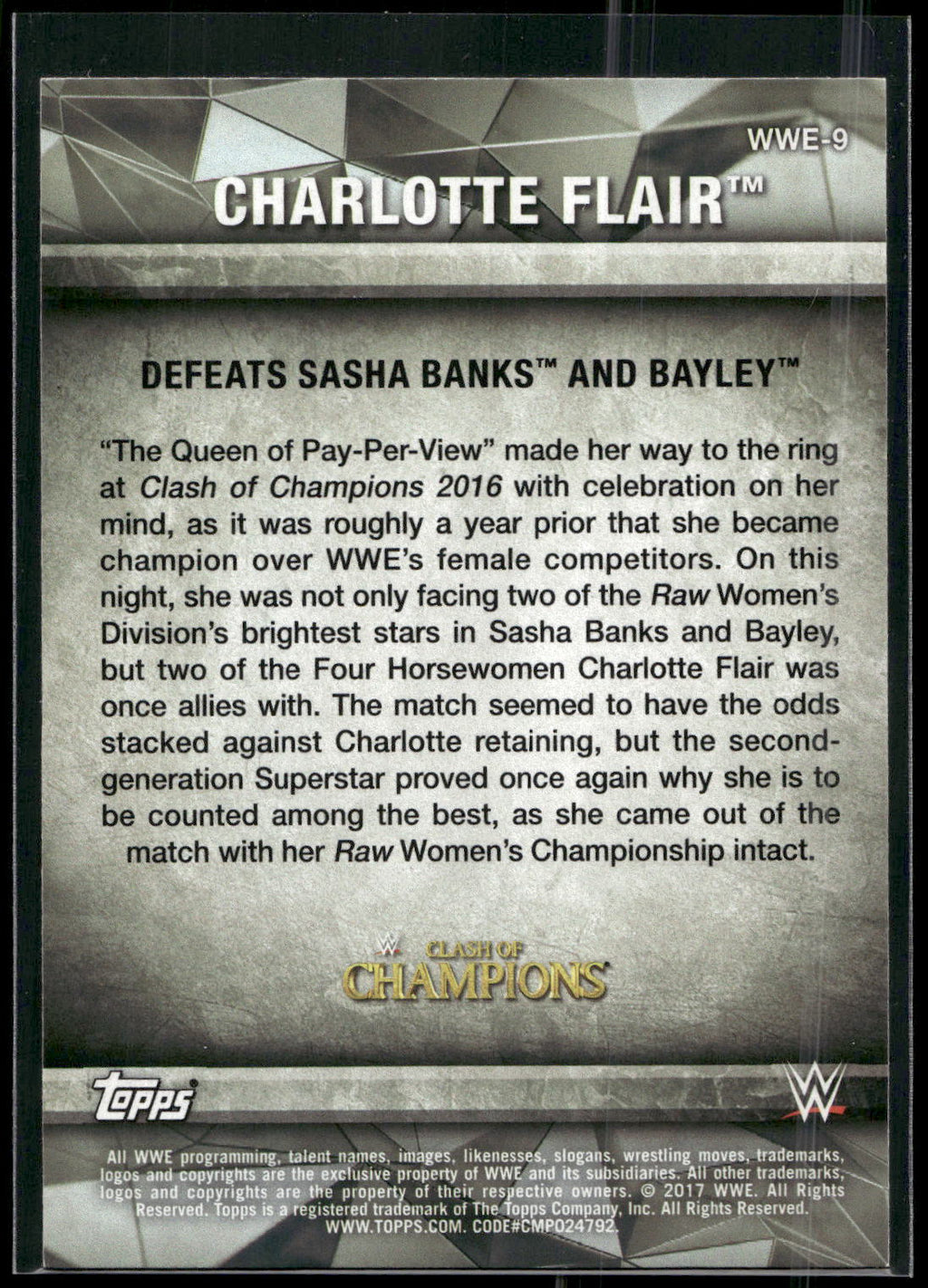 2017 Topps WWE Women's Division #WWE-9 Charlotte WWE Matches and Moments