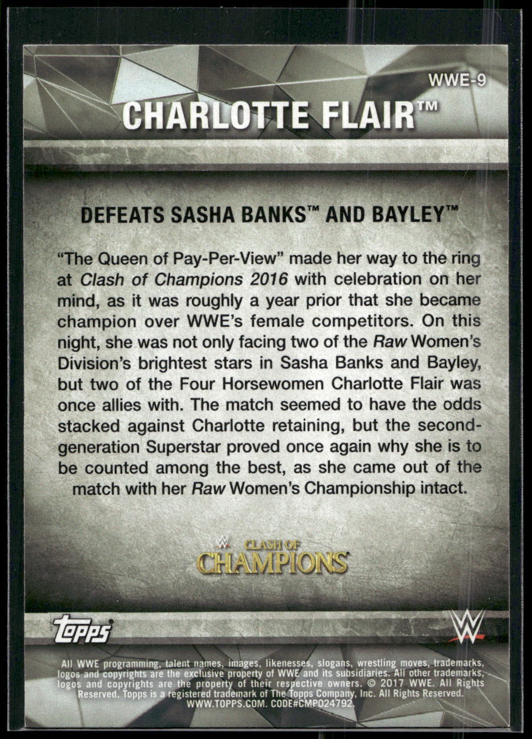 2017 Topps WWE Women's Division #WWE-9 Charlotte WWE Matches and Moments