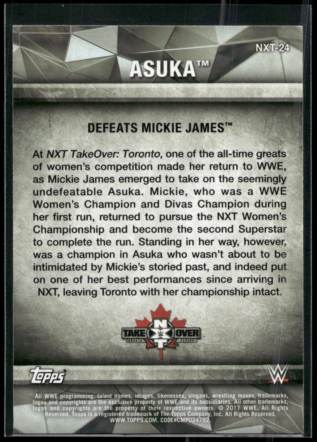 2017 Topps WWE Women's Division #NXT-24 Asuka NXT Matches and Moments