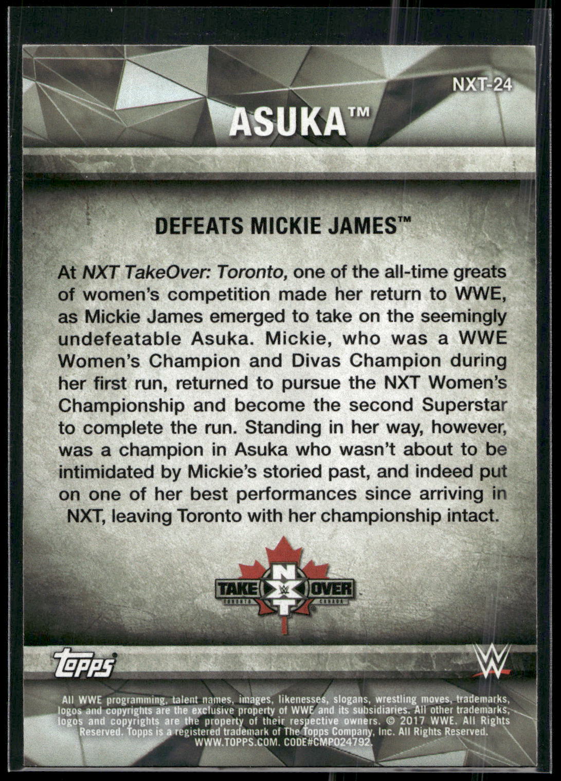 2017 Topps WWE Women's Division #NXT-24 Asuka NXT Matches and Moments