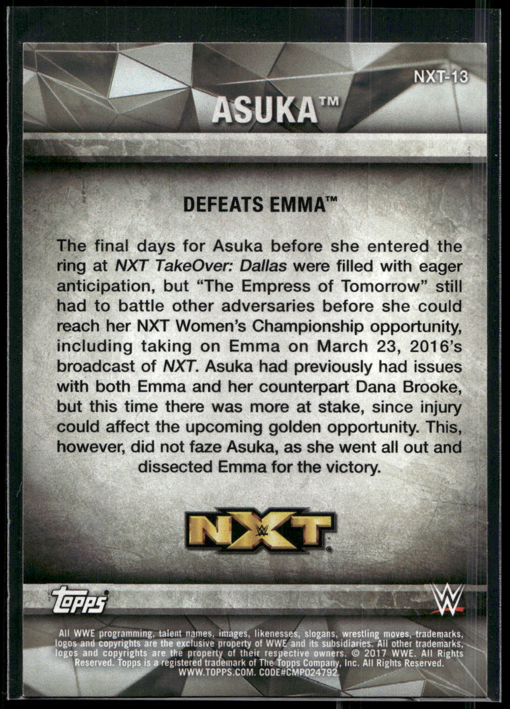 2017 Topps WWE Women's Division #NXT-13 Asuka NXT Matches and Moments