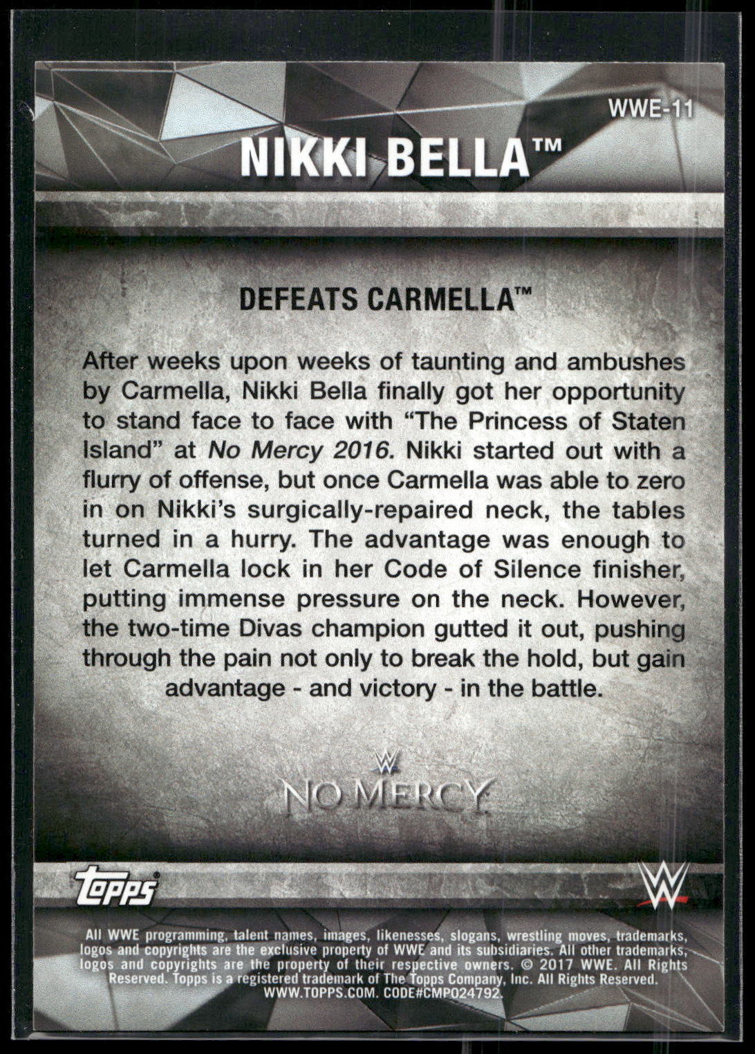 2017 Topps WWE Women's Division #WWE-11 Nikki Bella WWE Matches and Moments