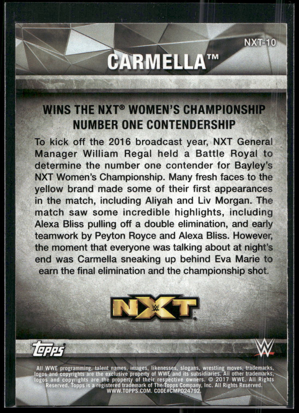 2017 Topps WWE Women's Division #NXT-10 Carmella NXT Matches and Moments