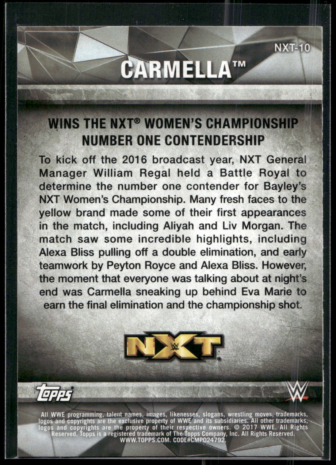 2017 Topps WWE Women's Division #NXT-10 Carmella NXT Matches and Moments