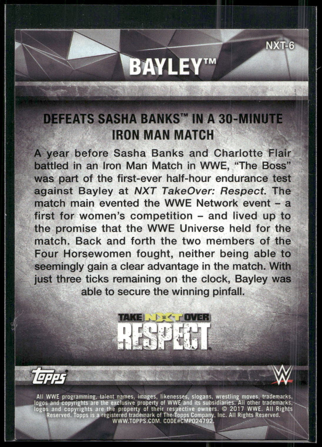 2017 Topps WWE NXT #6 Bayley Defeats Sasha Banks Matches and Moments