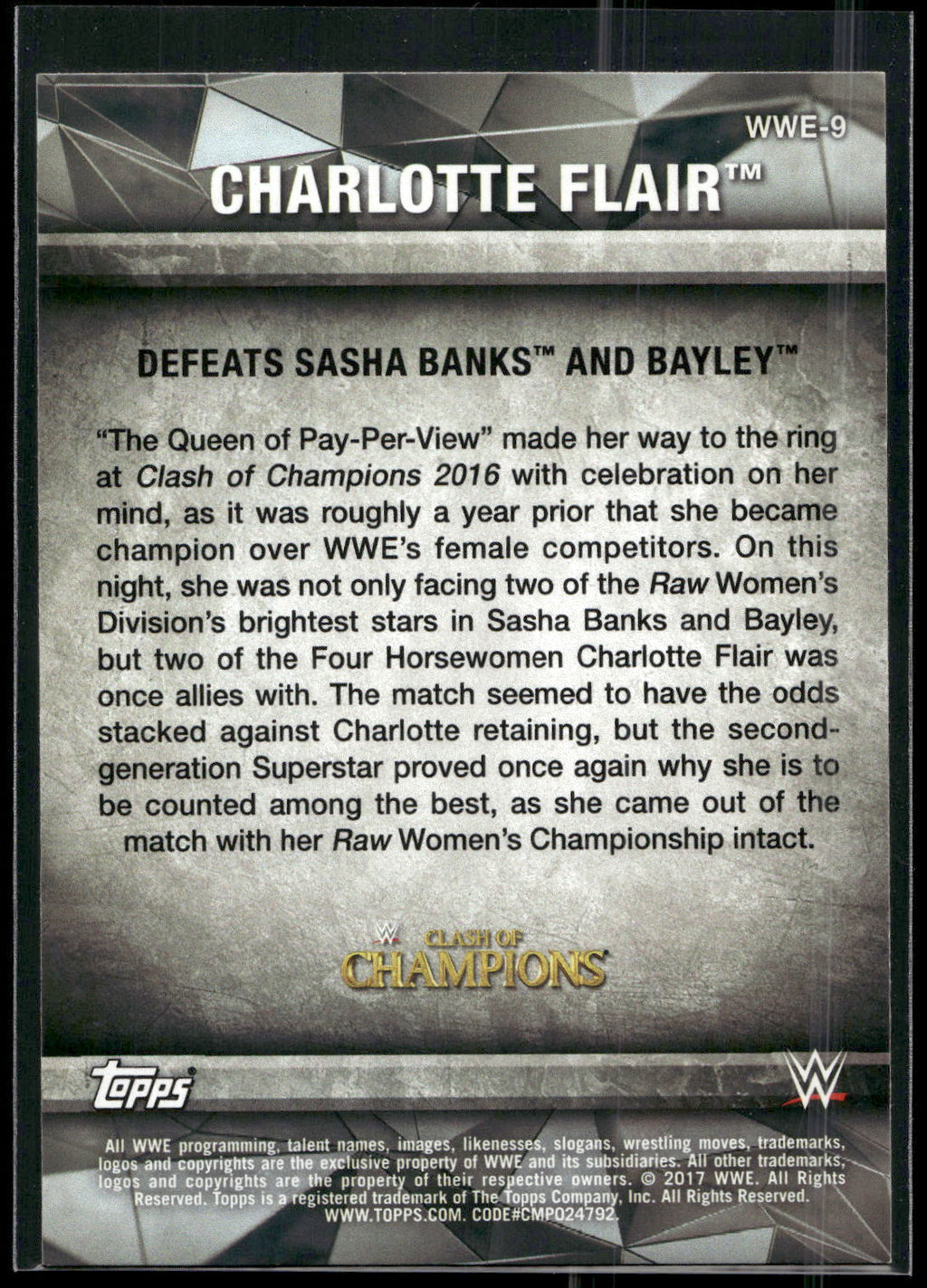 2017 Topps WWE Women's Division #WWE-9 Charlotte WWE Matches and Moments