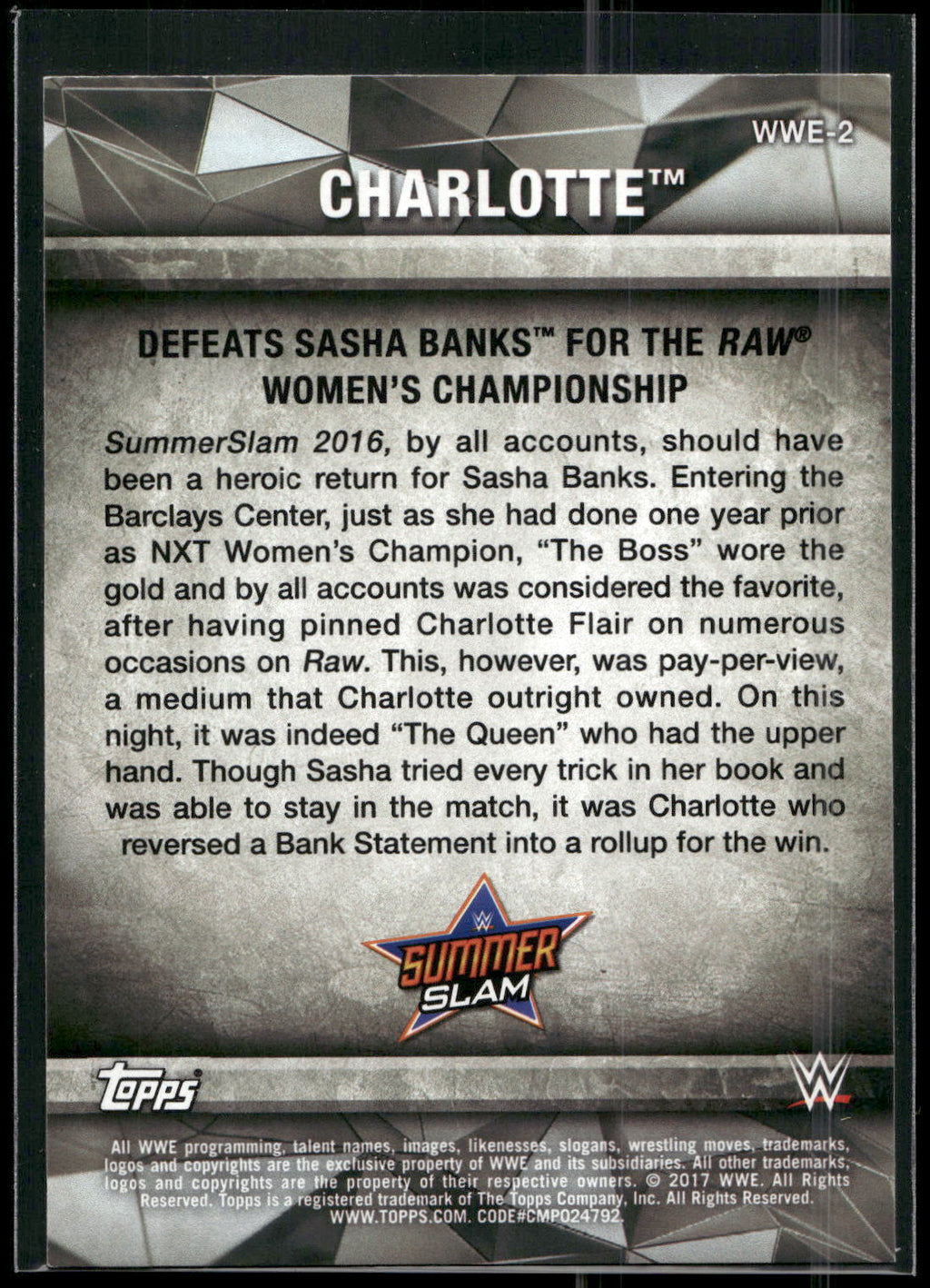 2017 Topps WWE Women's Division #WWE-2 Charlotte WWE Matches and Moments
