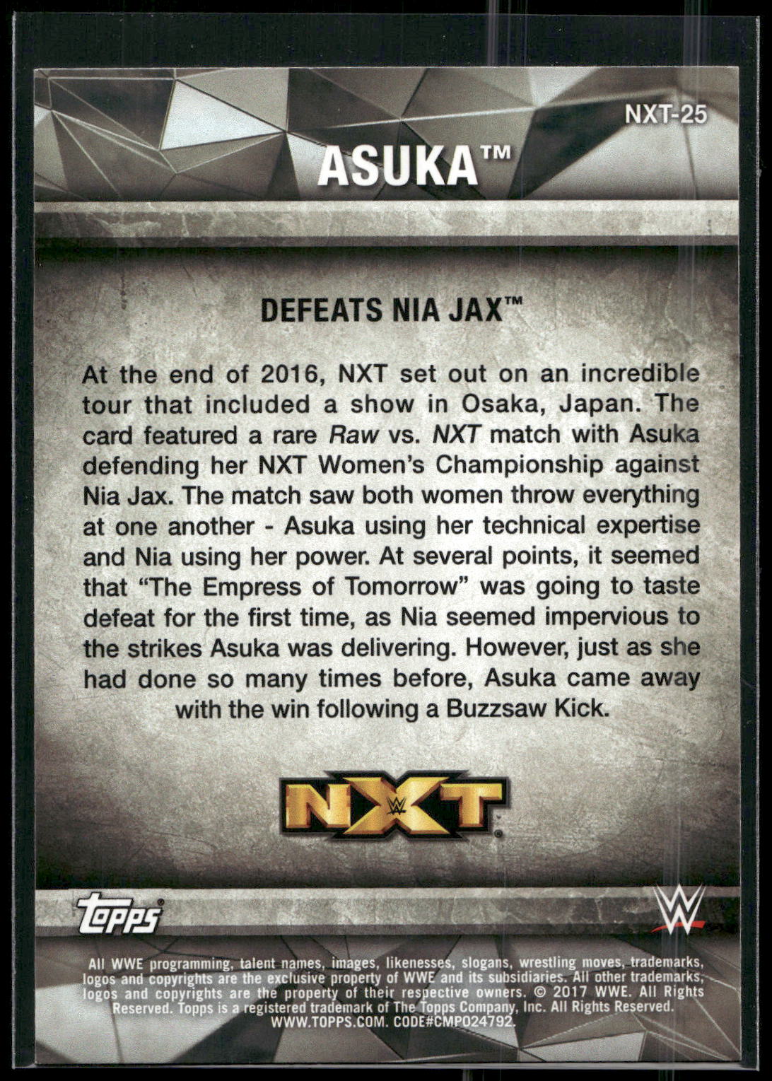 2017 Topps WWE Women's Division #NXT-25 Asuka NXT Matches and Moments