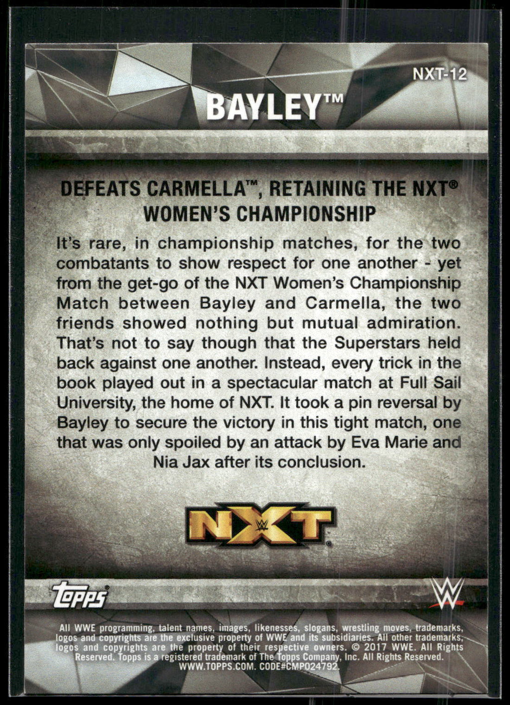 2017 Topps WWE Women's Division #NXT-12 Bayley NXT Matches and Moments