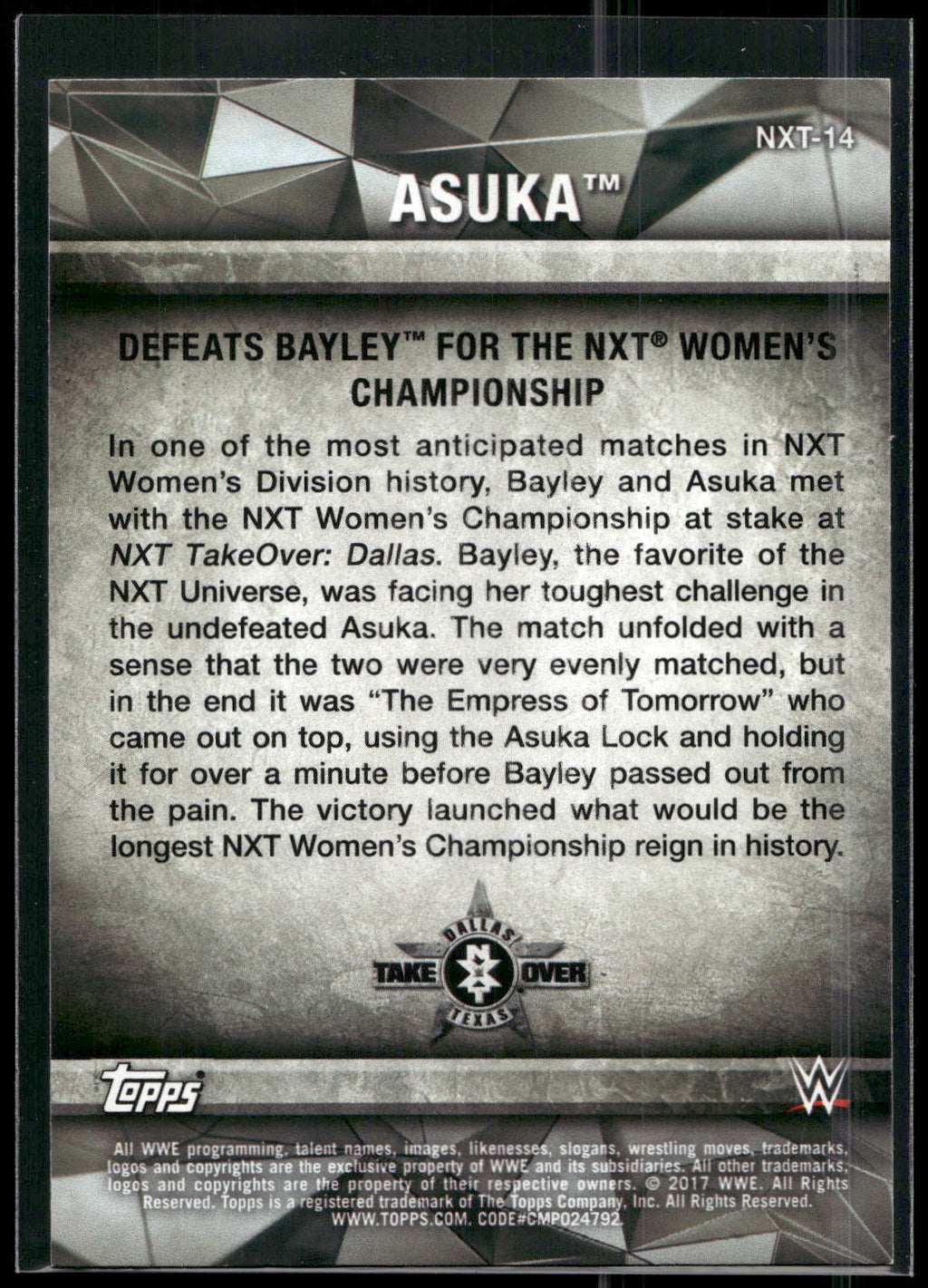 2017 Topps WWE Women's Division #NXT-14 Asuka NXT Matches and Moments