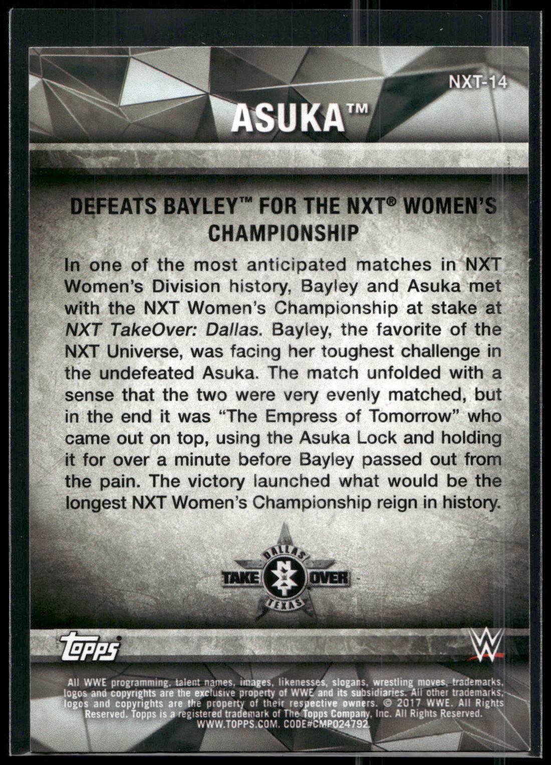 2017 Topps WWE Women's Division #NXT-14 Asuka NXT Matches and Moments