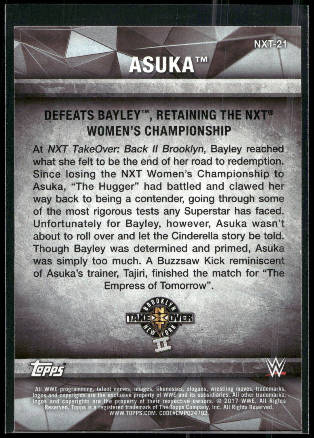 2017 Topps WWE Women's Division #NXT-21 Asuka NXT Matches and Moments