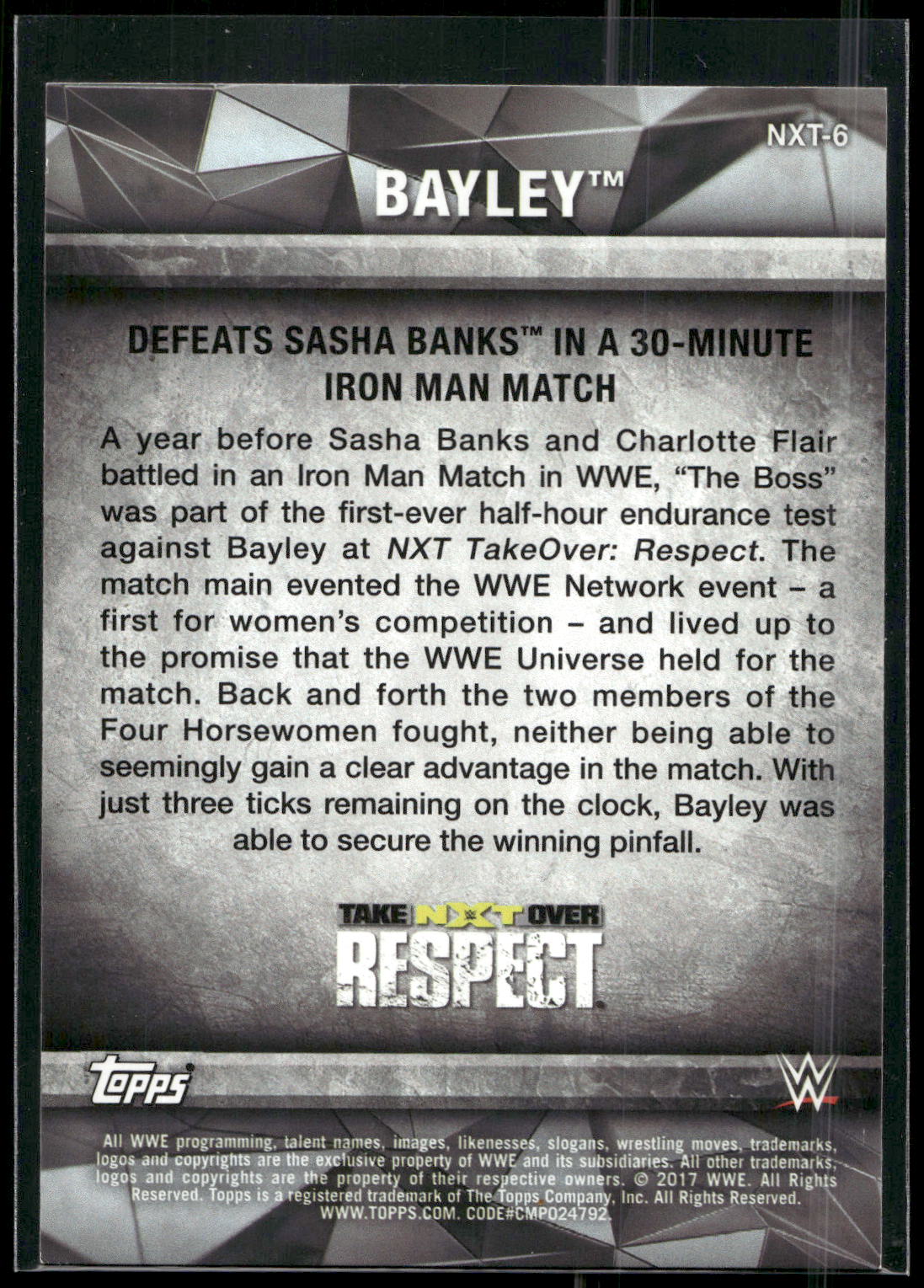 2017 Topps WWE Women's Division #NXT-6 Bayley NXT Matches and Moments