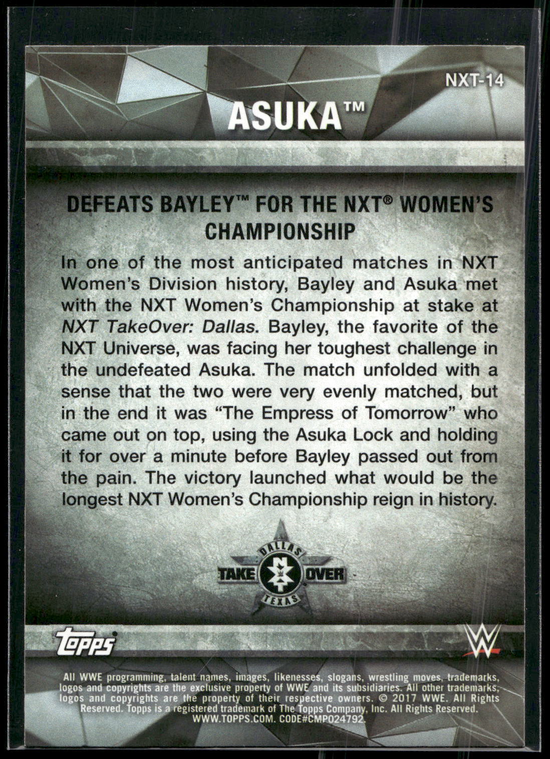 2017 Topps WWE Women's Division #NXT-14 Asuka NXT Matches and Moments