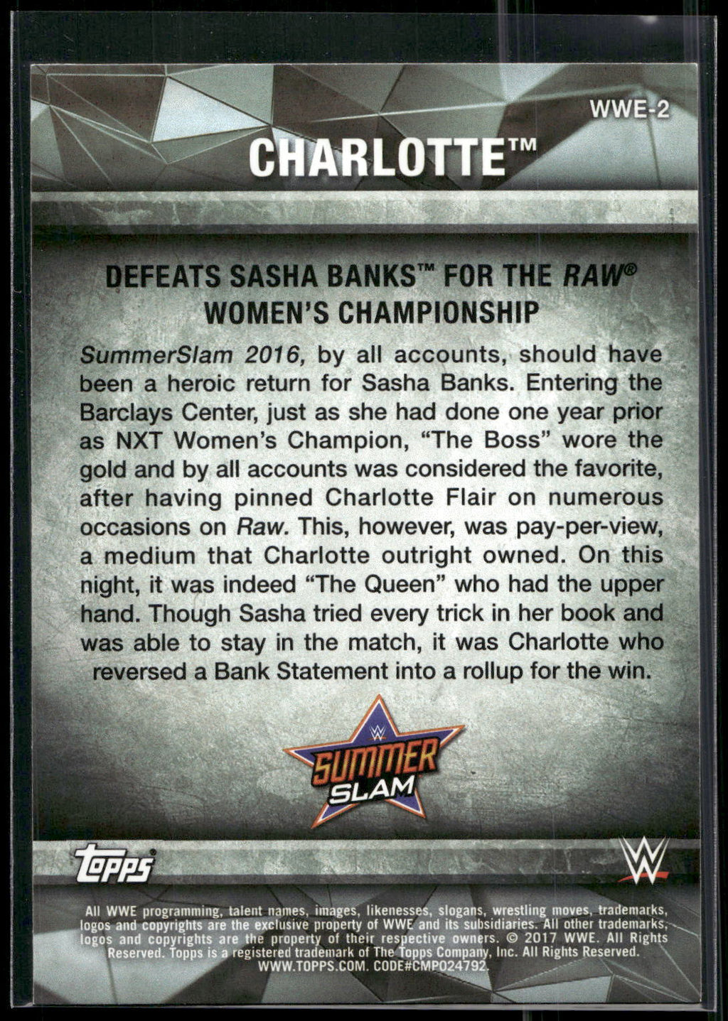 2017 Topps WWE Women's Division #WWE-2 Charlotte WWE Matches and Moments