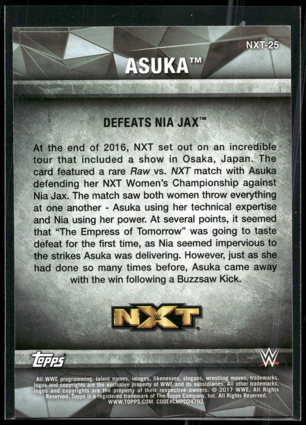 2017 Topps WWE Women's Division #NXT-25 Asuka NXT Matches and Moments