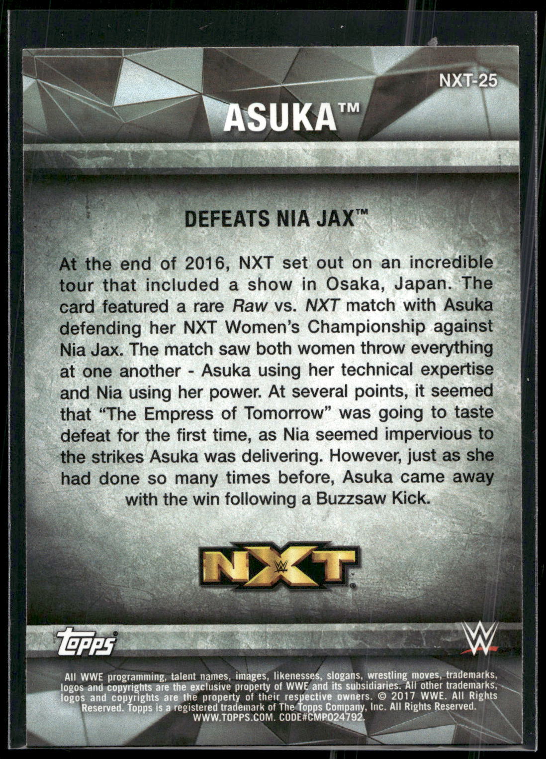 2017 Topps WWE Women's Division #NXT-25 Asuka NXT Matches and Moments