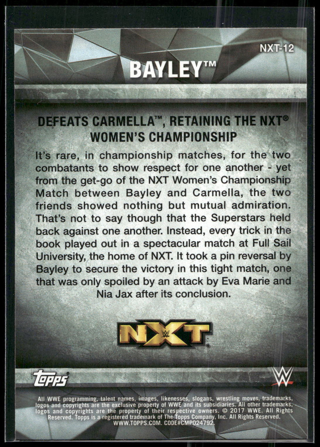 2017 Topps WWE Women's Division #NXT-12 Bayley NXT Matches and Moments