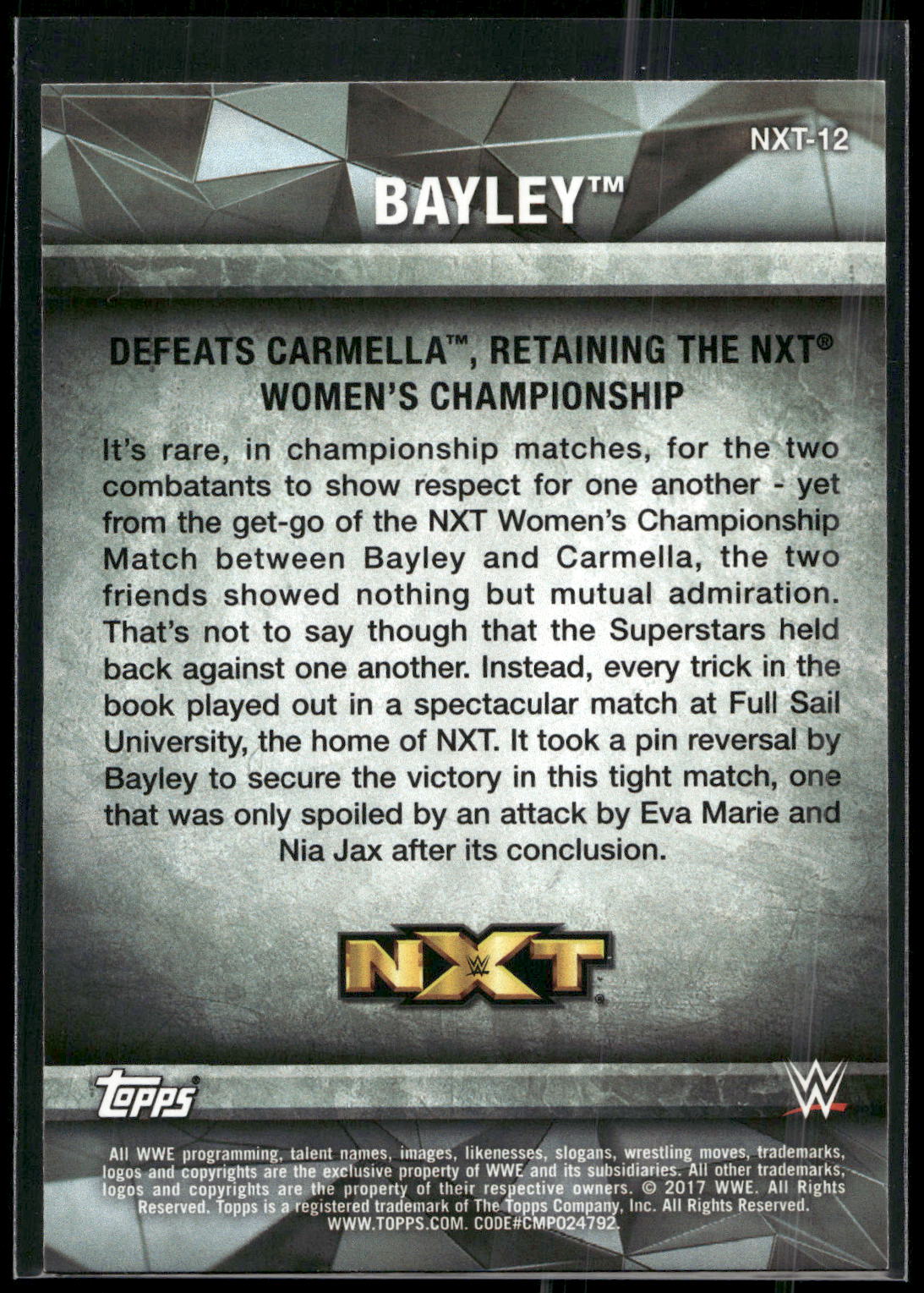 2017 Topps WWE Women's Division #NXT-12 Bayley NXT Matches and Moments