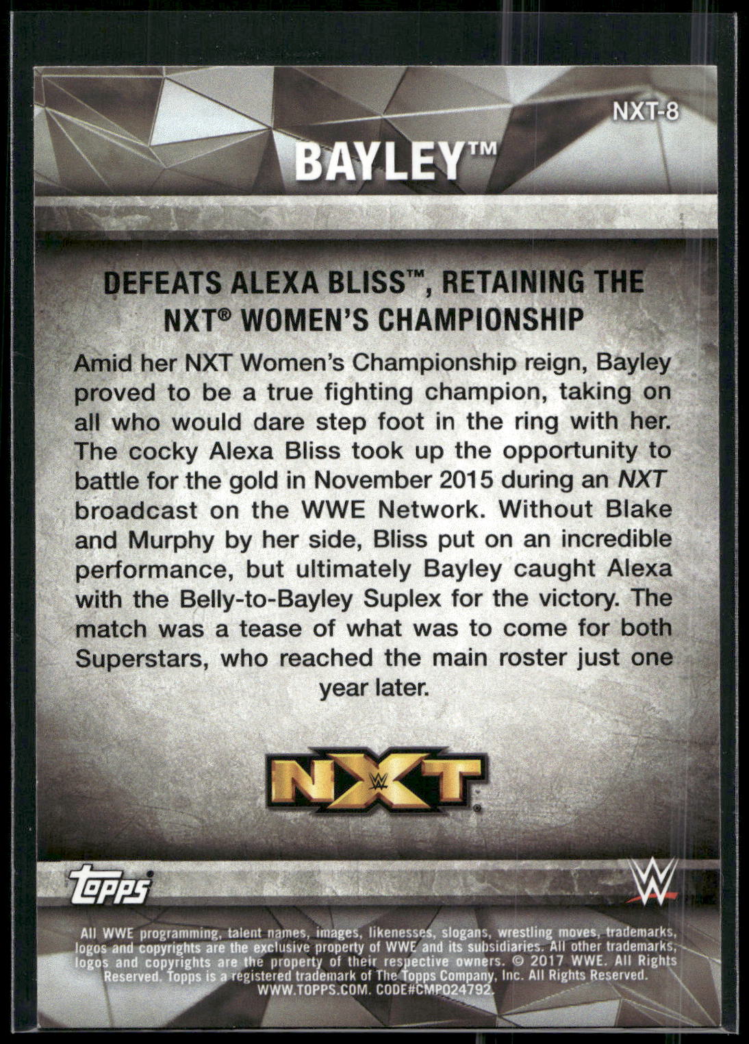2017 Topps WWE Women's Division #NXT-8 Bayley NXT Matches and Moments