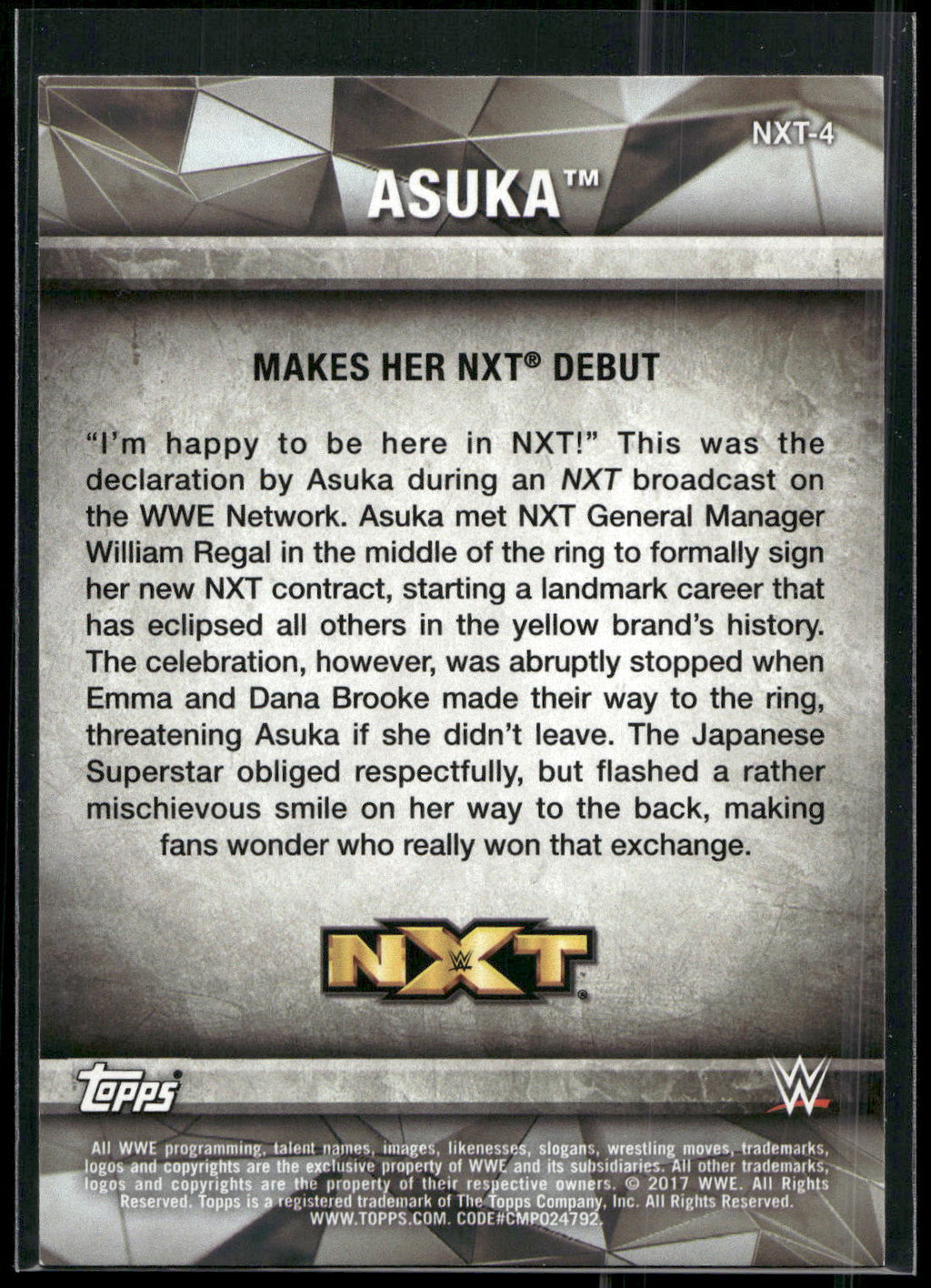 2017 Topps WWE Women's Division #NXT-4 Asuka NXT Matches and Moments