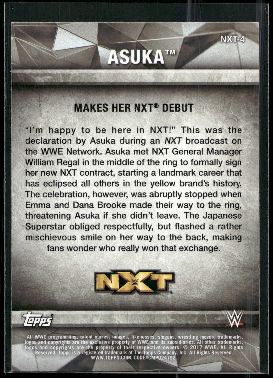 2017 Topps WWE Women's Division #NXT-4 Asuka NXT Matches and Moments