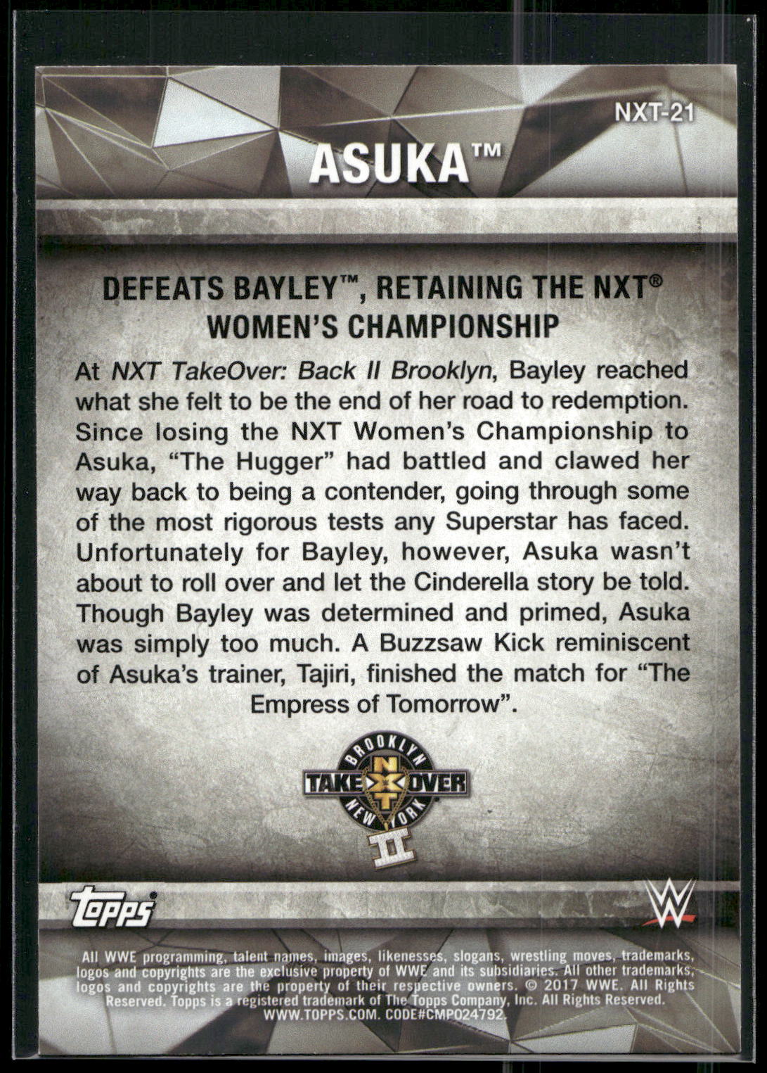 2017 Topps WWE Women's Division #NXT-21 Asuka NXT Matches and Moments