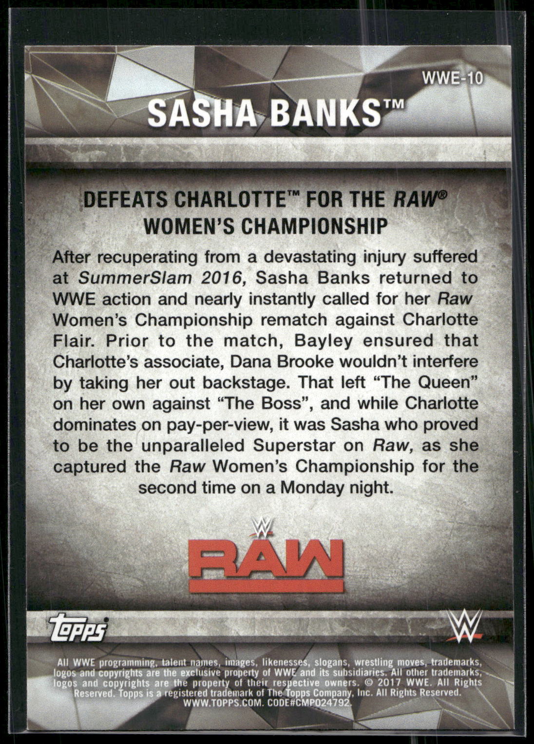 2017 Topps WWE Women's Division #WWE-10 Sasha Banks WWE Matches and Moments