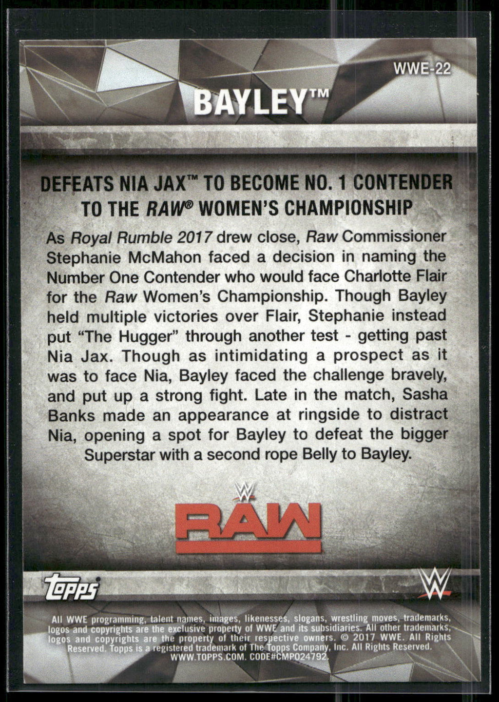 2017 Topps WWE Women's Division #WWE-22 Bayley WWE Matches and Moments