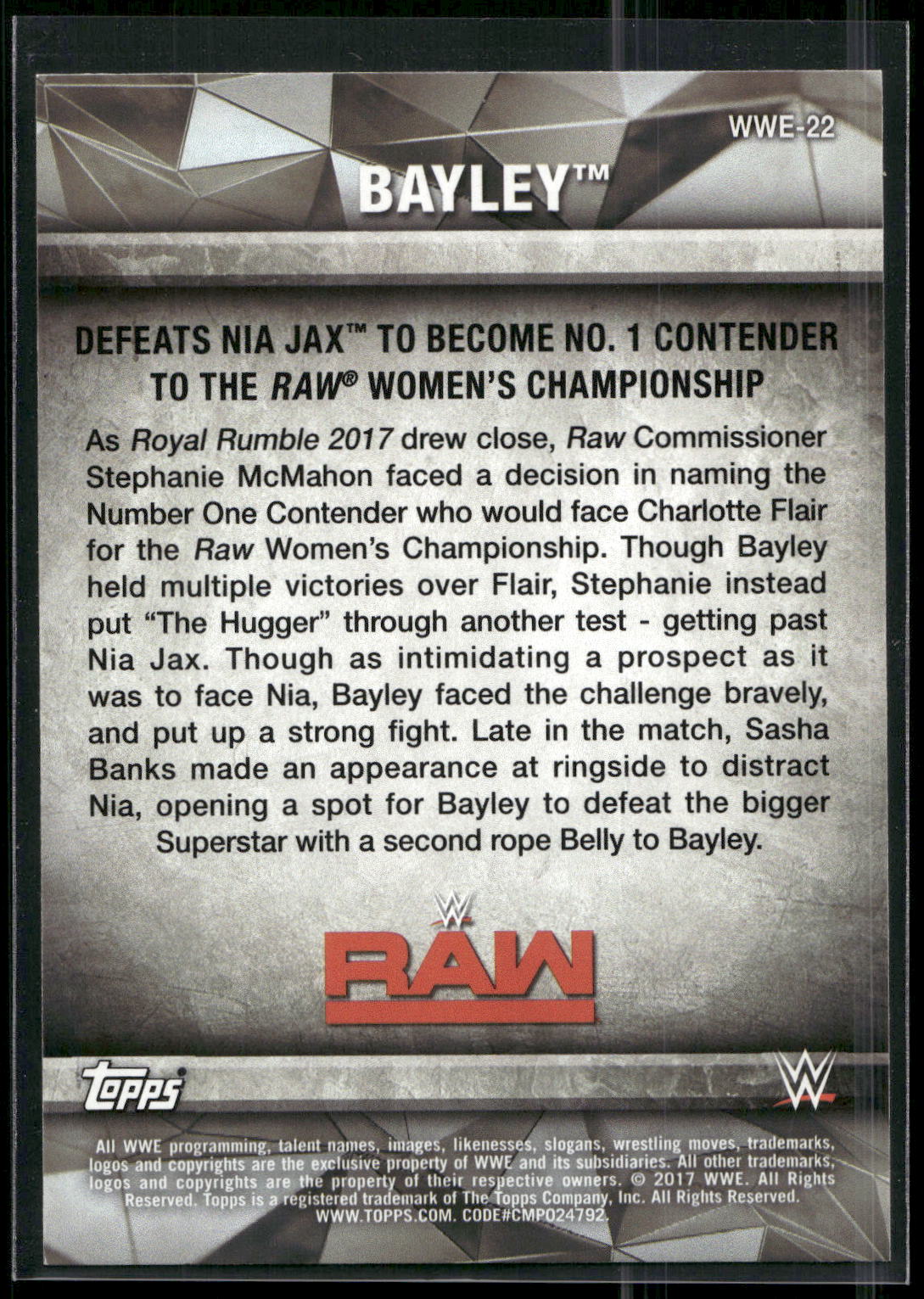 2017 Topps WWE Women's Division #WWE-22 Bayley WWE Matches and Moments