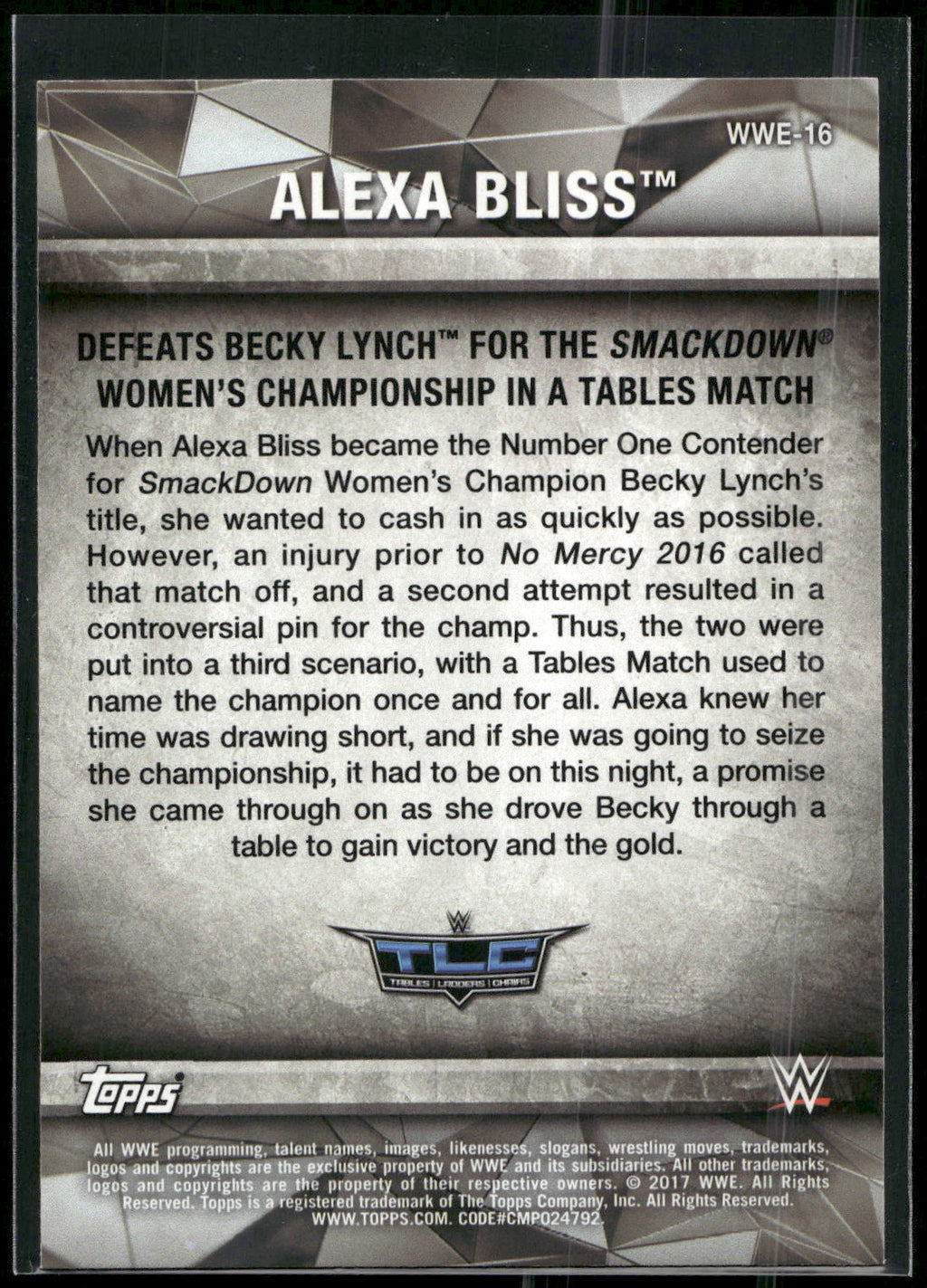 2017 Topps WWE Women's Division #WWE-16 Alexa Bliss WWE Matches and Moments